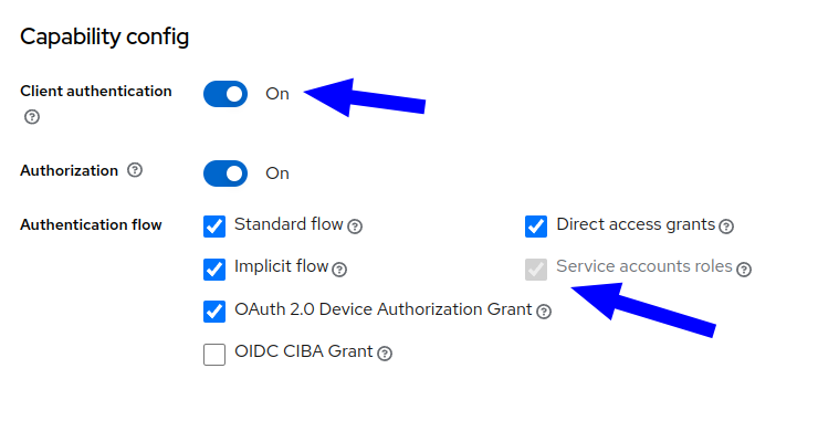 Keycloak client settings for impersonation and user suggestions